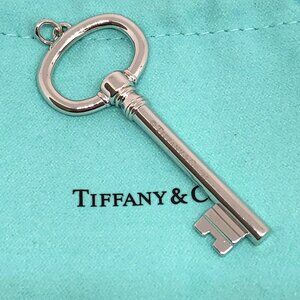 Tiffany & Co Sterling Silver Key Pendant Charm Large 2.5" Oval & POUCH